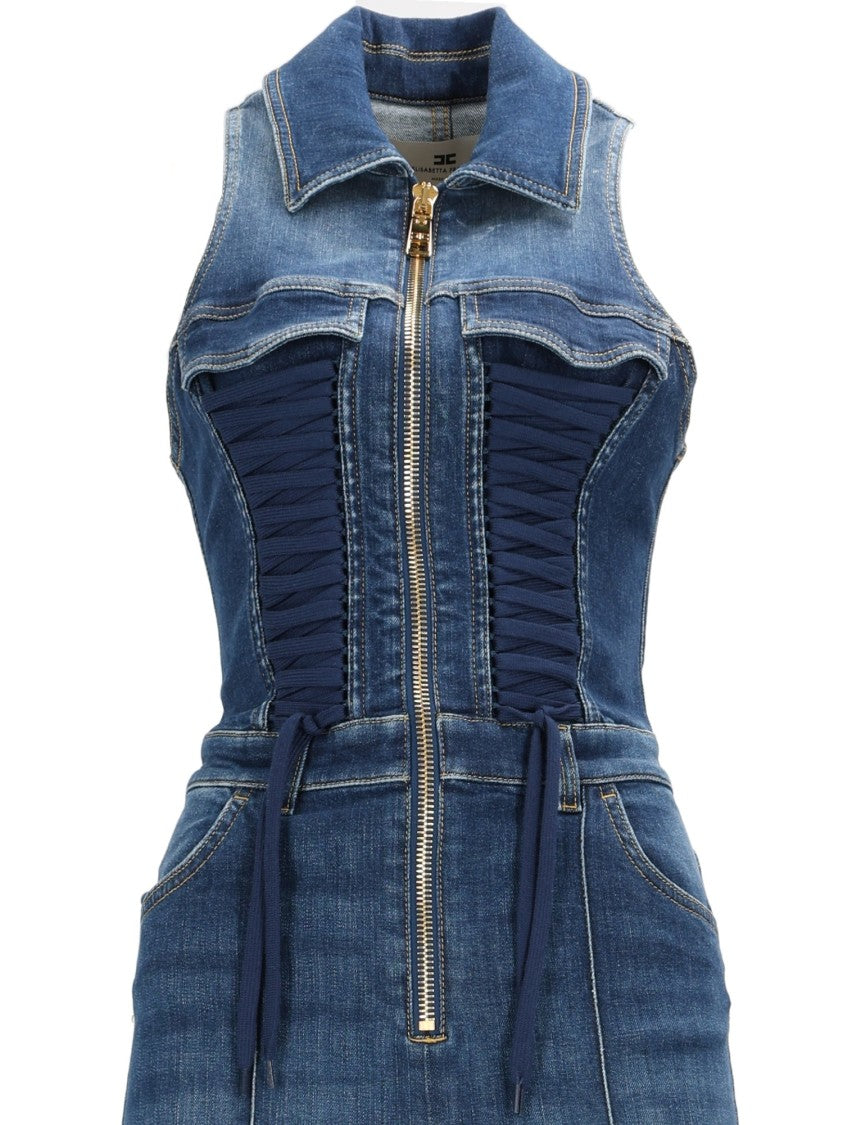 Elisabetta Franchi Fitted Bodice Ruched Denim Jumpsuit