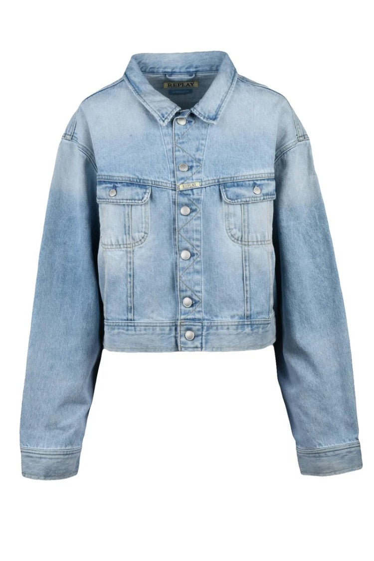 Replay Cropped Light Wash Denim Jacket With Classic Button Closure