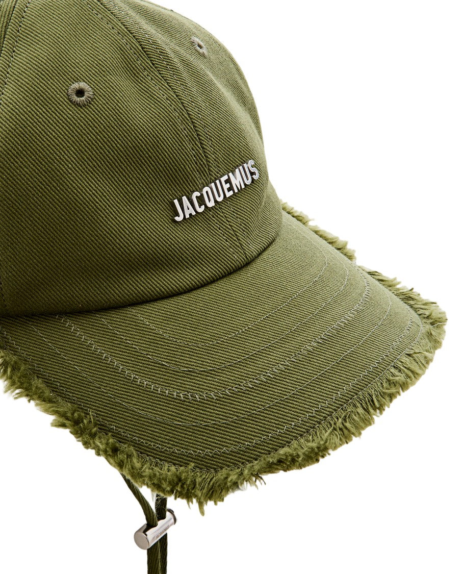 Jacquemus Fringed Edge Green Cap With Silver Logo And Adjustable Fit
