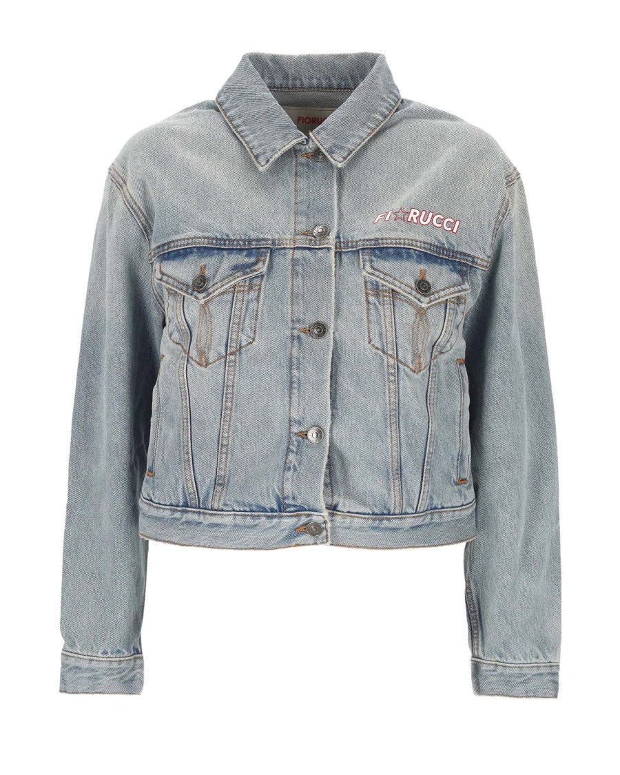 Fiorucci Cropped Denim Jacket With Iconic Logo And Flap Pockets