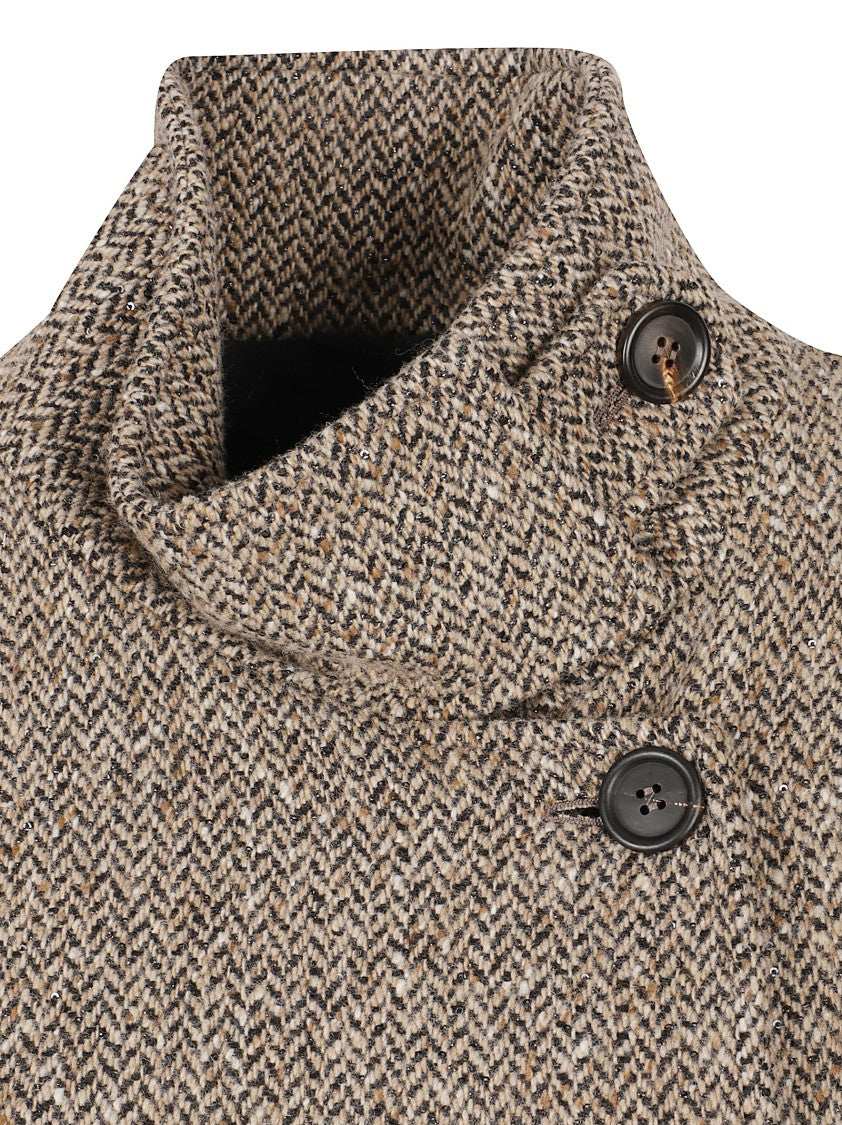 Brunello Cucinelli Textured Herringbone Coat With Asymmetrical Button Closure