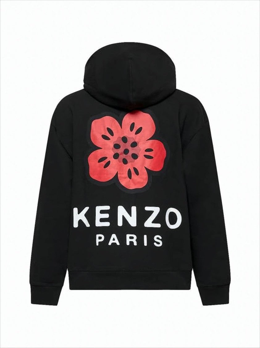 Kenzo Black Hooded Sweatshirt With Floral Emblem Detail