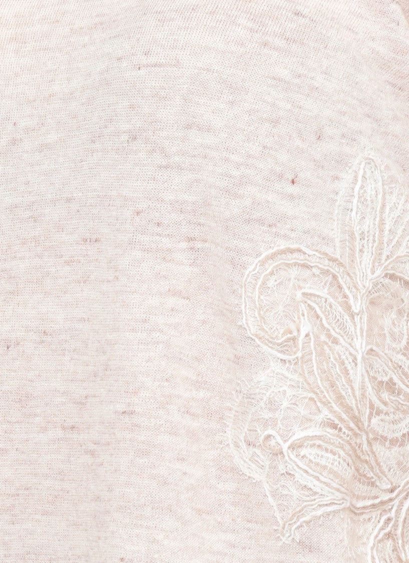 D. Exterior Beige Lace Linen-Blend Round-Neck Top
