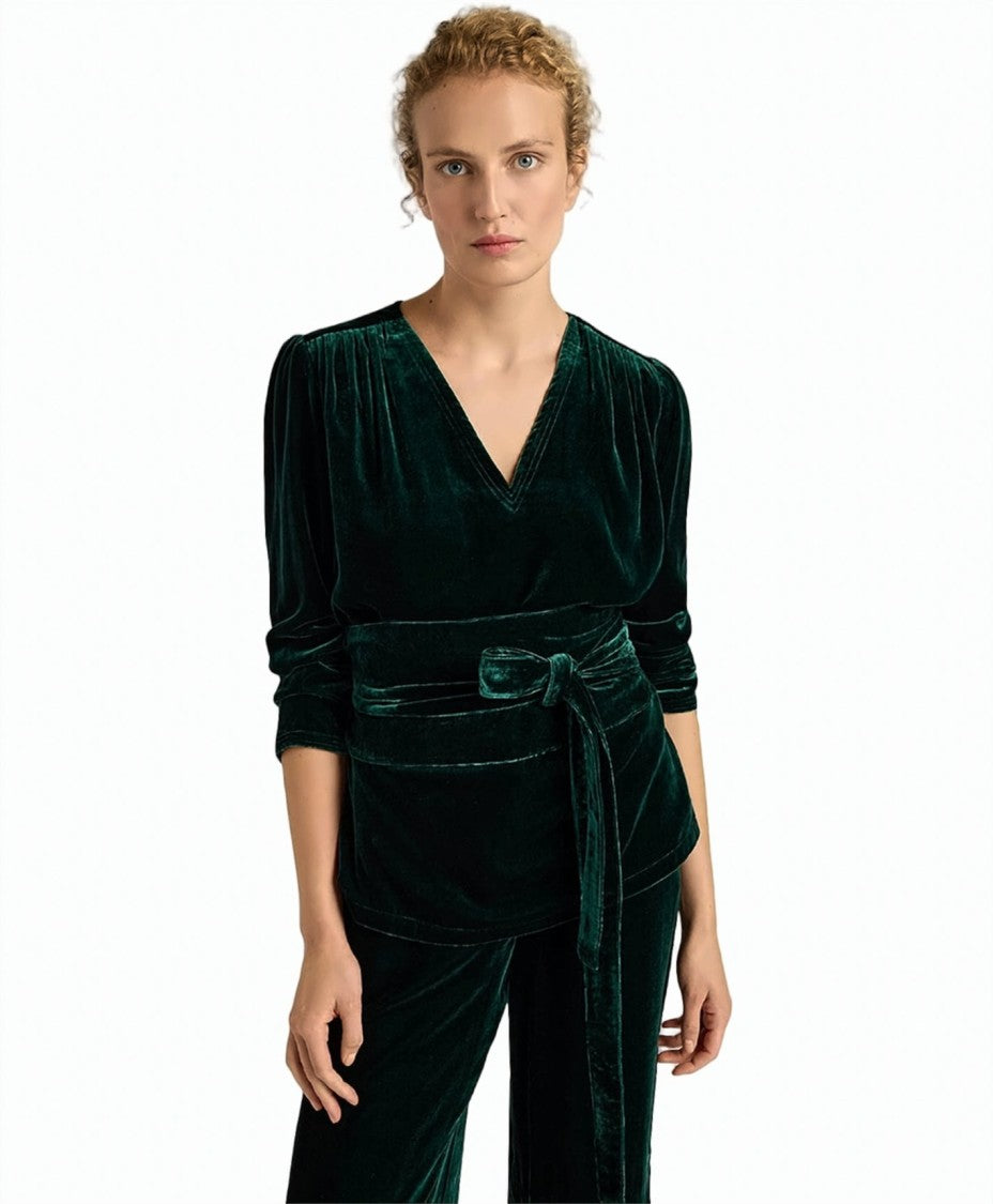 Momonì Apple Long-Sleeve Viscose-Silk Velvet V-Neck Blouse