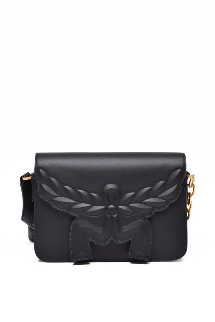Mcm Black Leaf Design Leather Magnetic Shoulder Bag