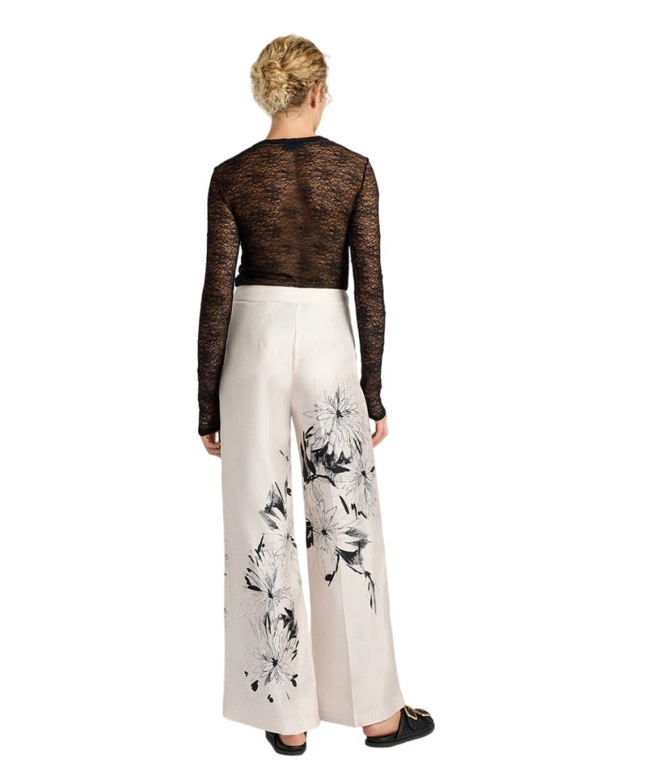 Momonì Placed Floral Print Silk Twill Wide-Leg Pants