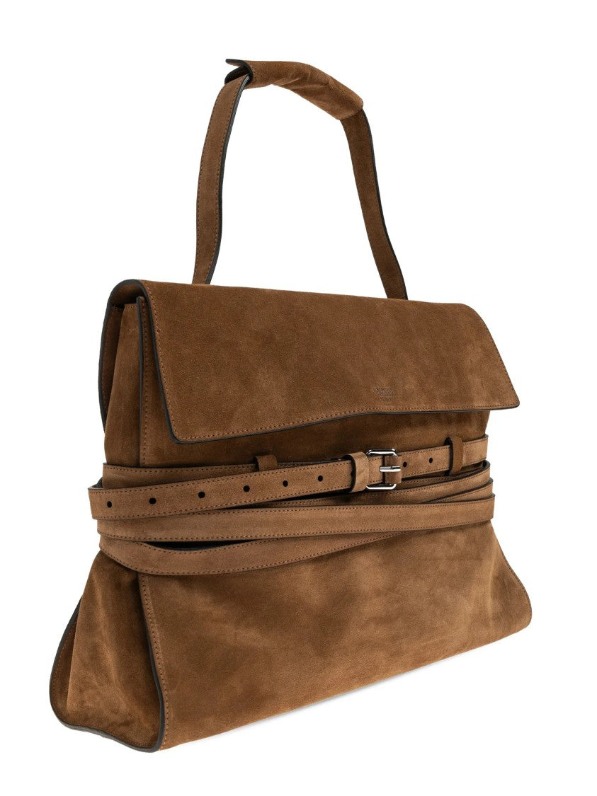 Moschino Brown Large Rectangular Suede Handbag With Belts