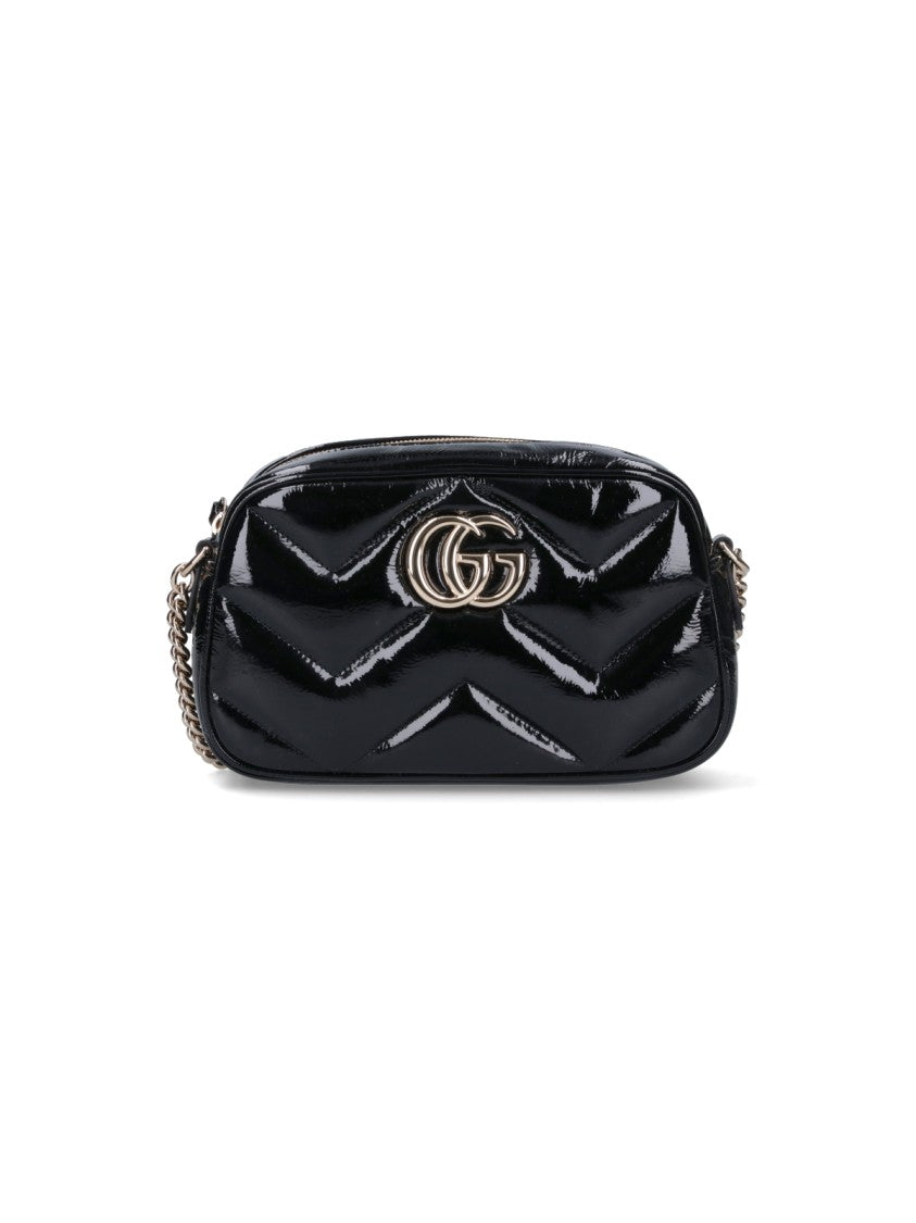 Gucci Chevron-Pattern Black Patent Leather Shoulder Bag With Adjustable Chain Strap