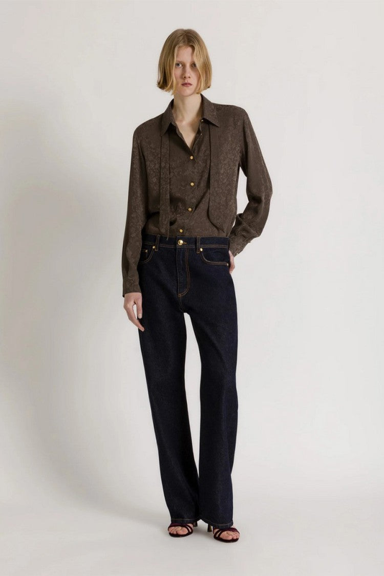Alberta Ferretti Brown Floral Jacquard Tie-Neck Acetate-Silk Shirt
