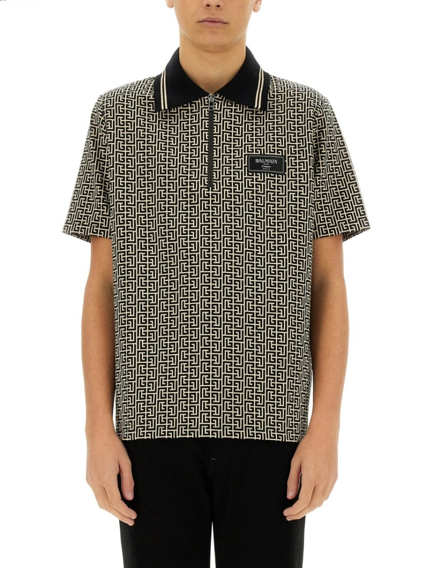 Balmain Geometric Monogram Pattern Polo Shirt