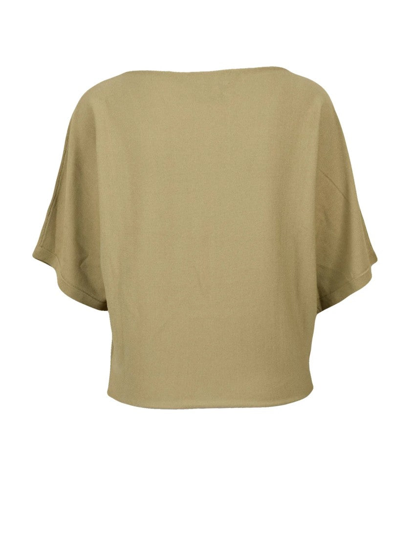 Alpha Studio Khaki Short Viscose-Blend Boat-Neck Top