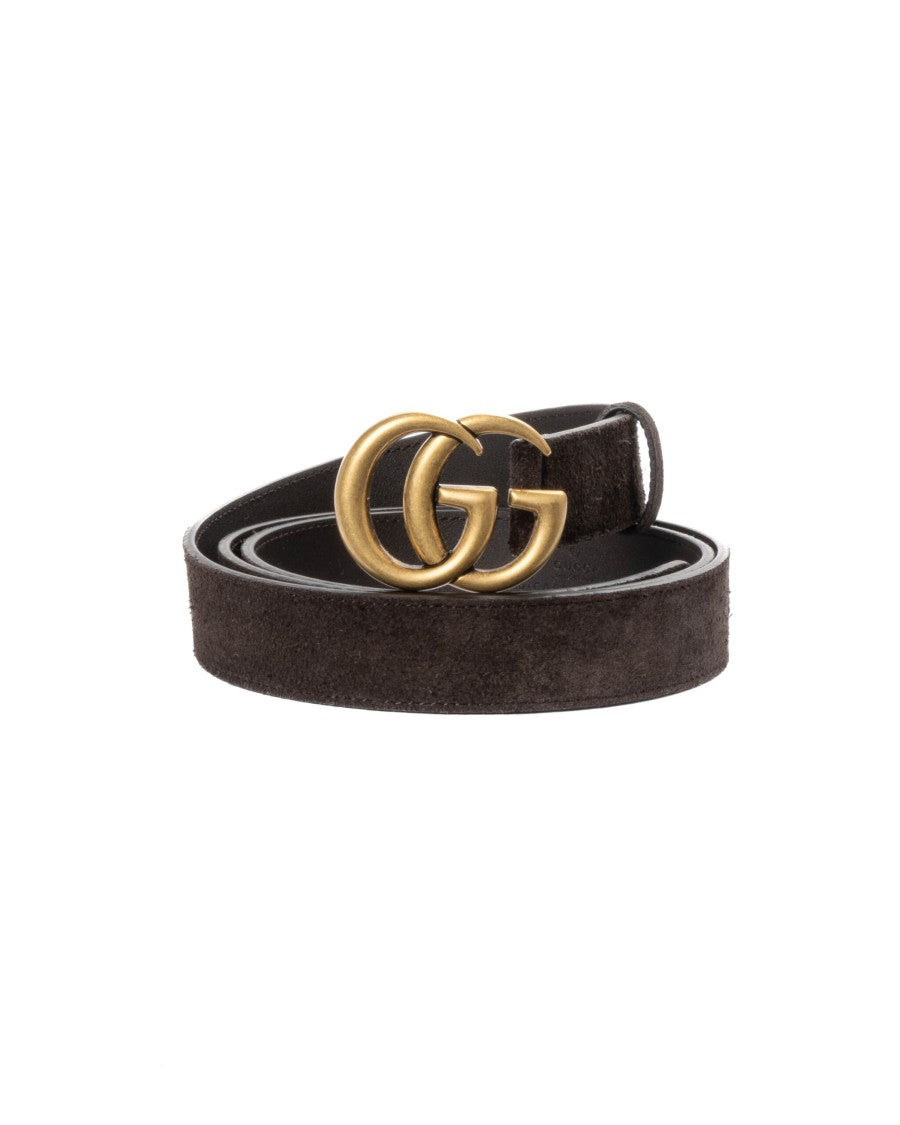Gucci Brown Suede Gg Marmont Belt With Gold-Tone Hardware