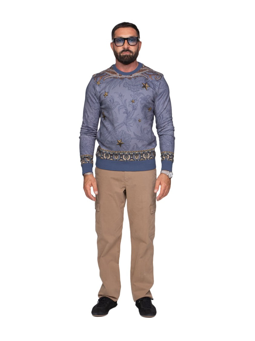 Etro Ornate Blue Long-Sleeve Sweater With 3D Logo Design