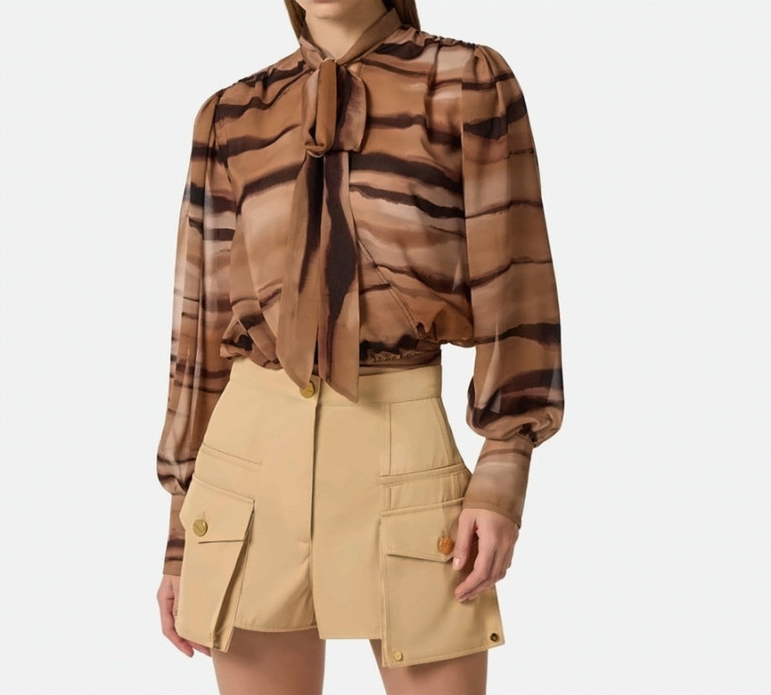 Elisabetta Franchi Tiger Print Chiffon Sash Blouse