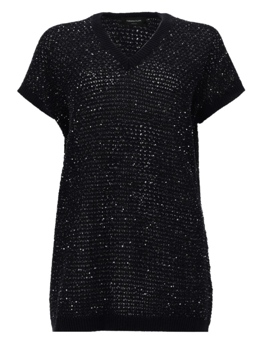 Fabiana Filippi V-Neck Cotton-Blend Sequin Top