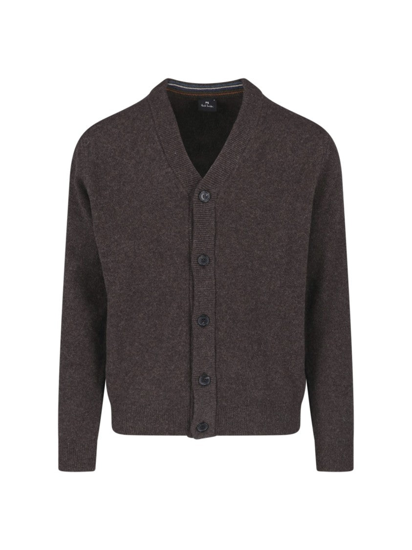 Paul Smith Brown Merino Wool V-Neck Ribbed Cardigan