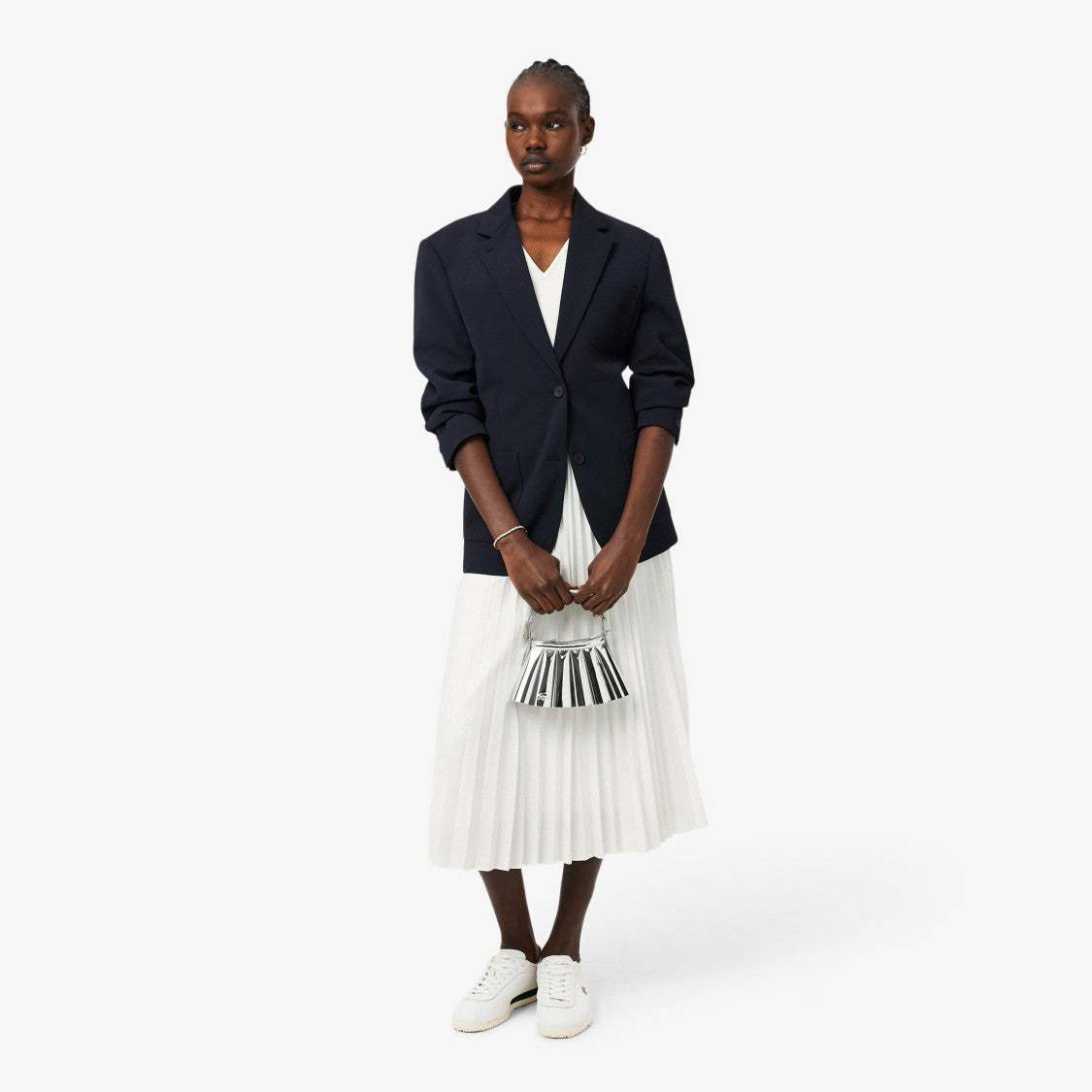 Lacoste White V-Neck Pleated Midi Dress