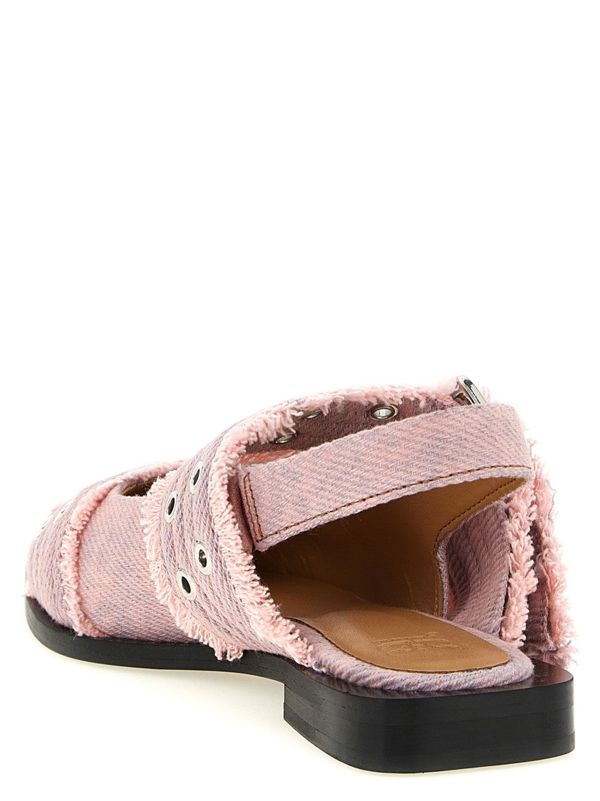 Ganni 'Feminine Buckle Fringed Denim' Slingback