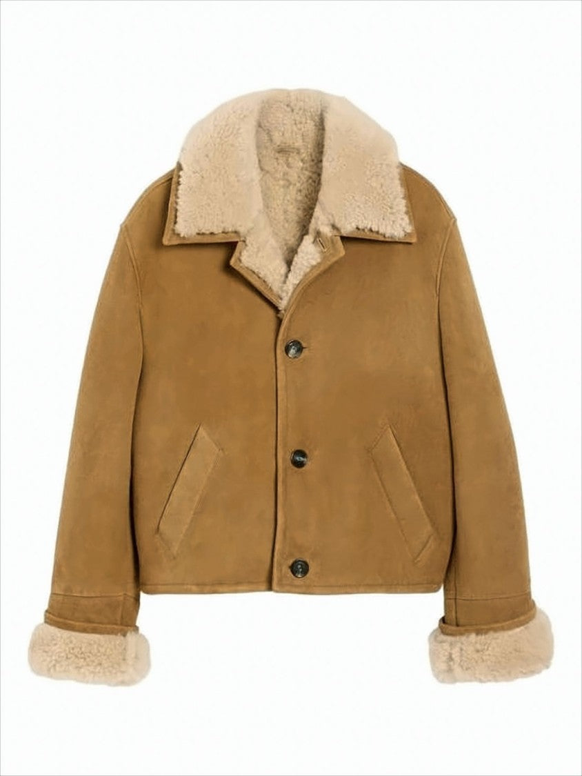 Ami Paris Cropped Lambskin Jacket With Shearling Collar And Cuffs
