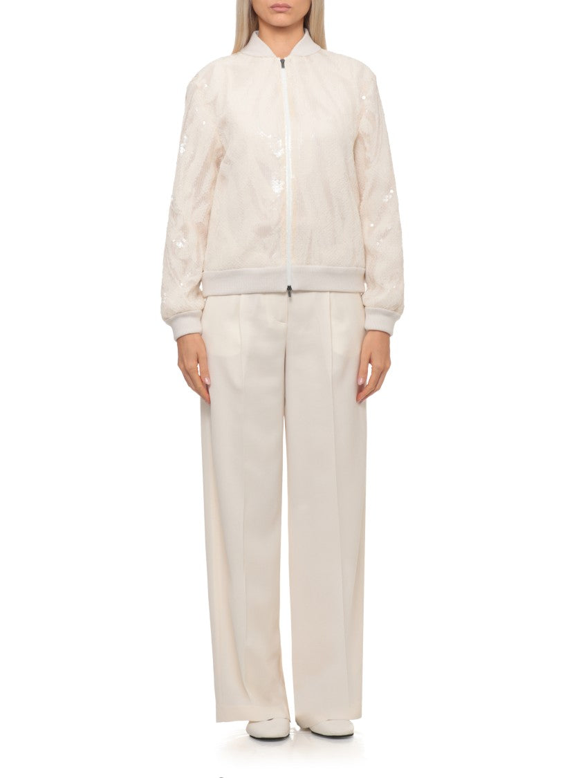 Peserico Aurea Ivory Sequined Ribbed Trim Zip Jacket