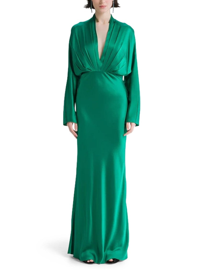 Forte Forte Silk Satin Deep V-Neck Pleated Maxi Dress