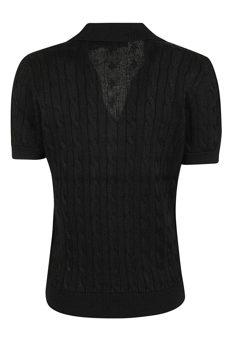 Lauren Black Cable-Knit Cotton-Blend Polo Pullover