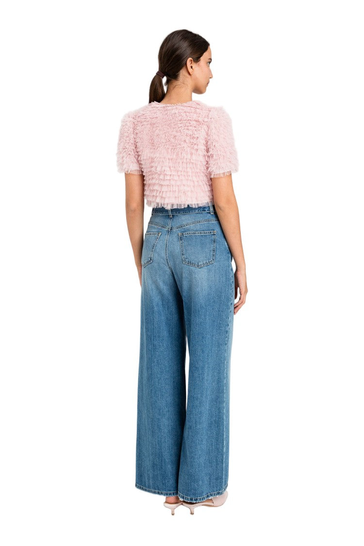 Twin-Set Gold Oval Buckle Wide-Leg Jeans
