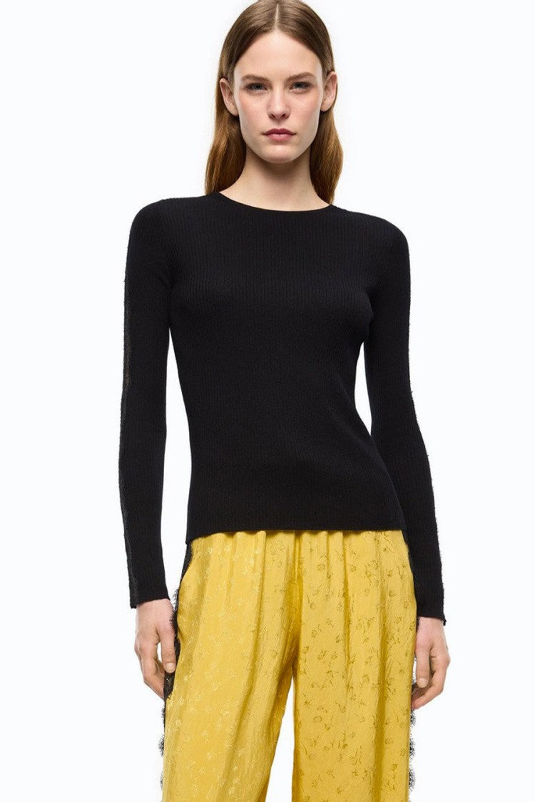 Pinko Black Wool-Cashmere Blend Ribbed Crew-Neck Sweater
