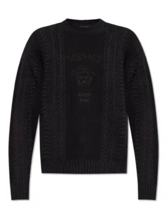 Versace Intricate Cable Knit Black Sweater With Embossed Logo