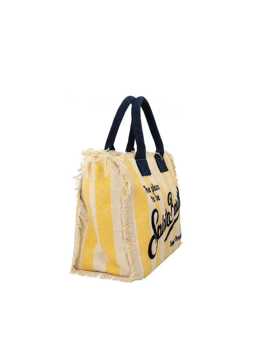 Mc2 Saint Barth Rectangular Cotton Canvas Tote Bag With Bold Stripes And Fringed Edges