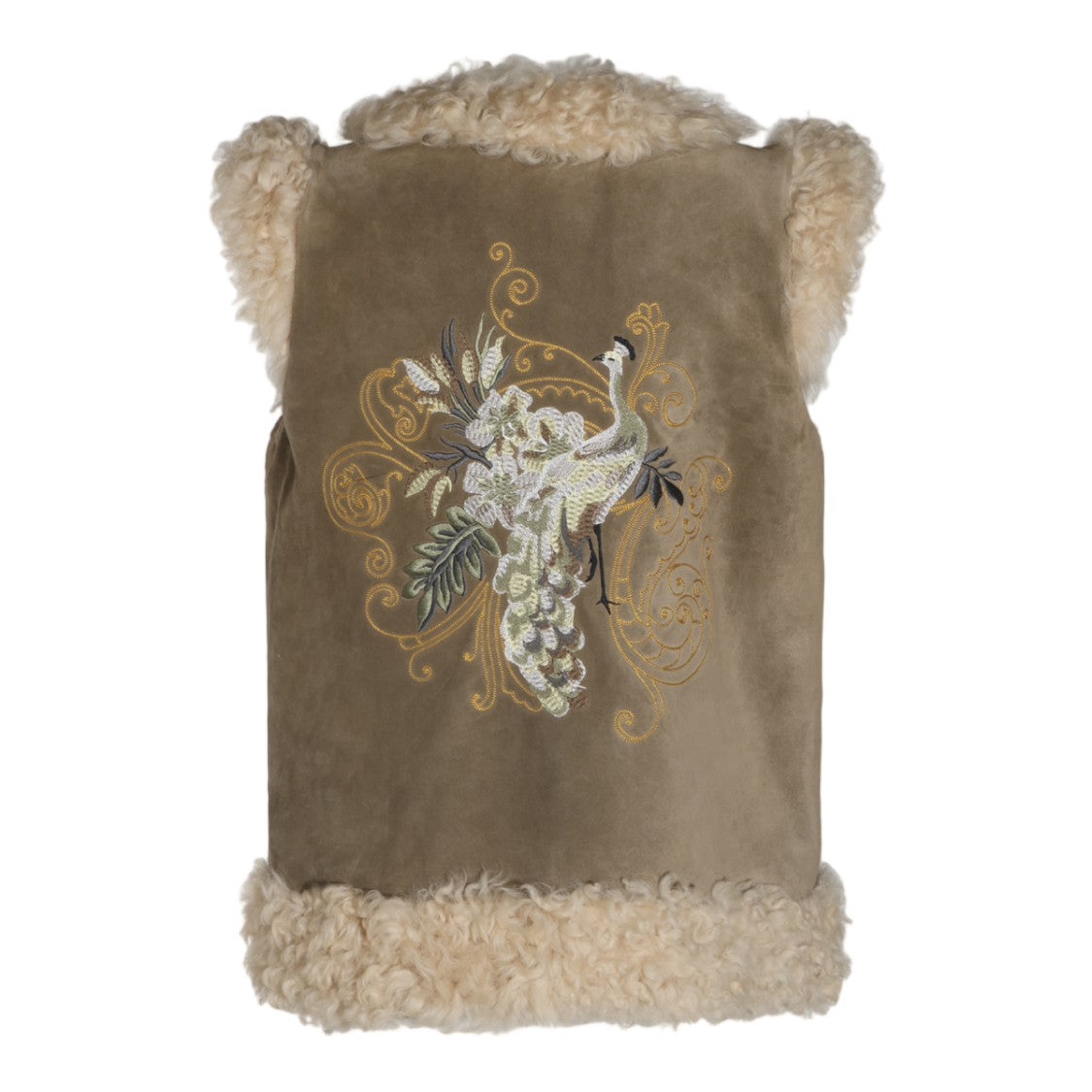 Etro Peacock Embroidered Shearling Trim Suede Sleeveless Jacket