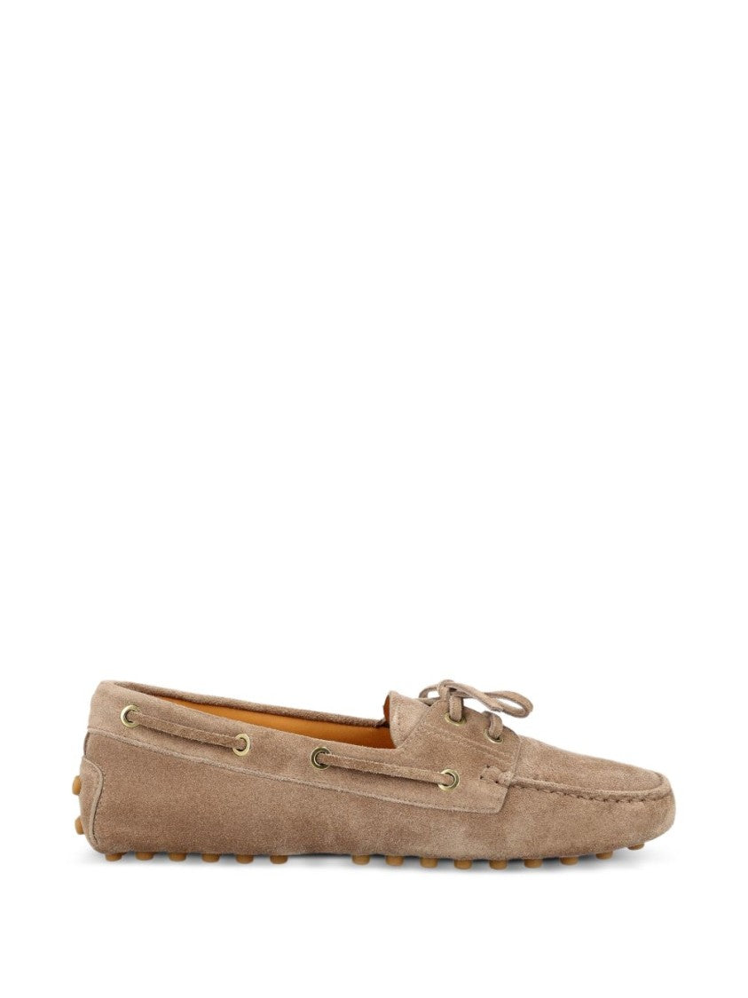Tod's Beige Suede Loafers With Moccasin Toe And Lace-Up Detail