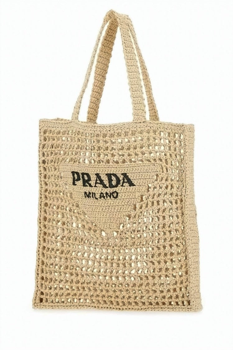 Prada Open Crochet Raffia Tote Bag With Triangular Patch