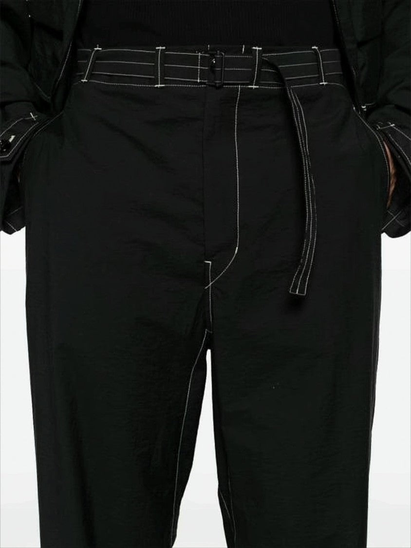Lemaire Relaxed Fit Black Straight Pants With Belt Detail And Contrasting Stitching