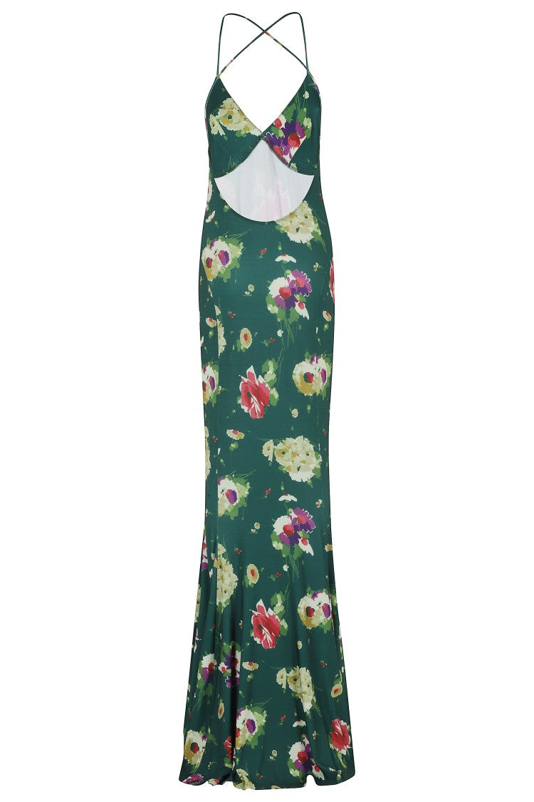 Norma Kamali Green Low Back Slip Fishtail Floral Polyester Maxi Dress