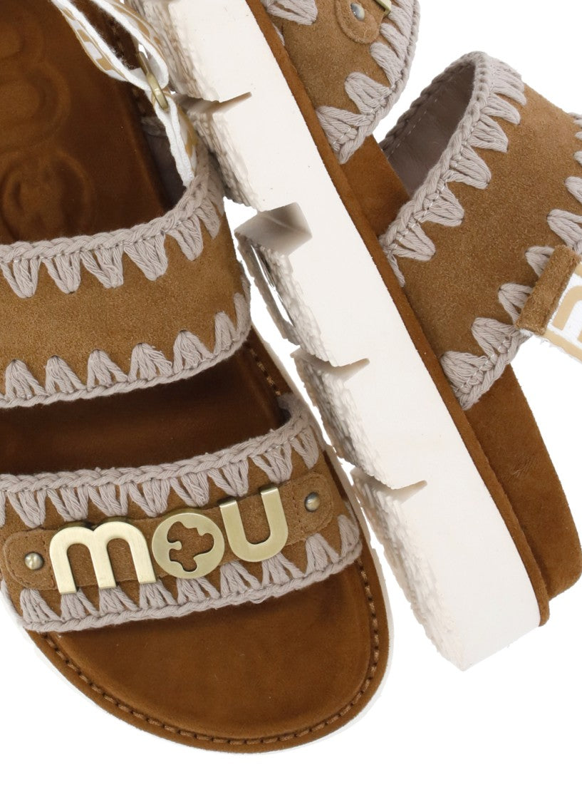 Mou Brown Bio Suede Stitch Details Sandals