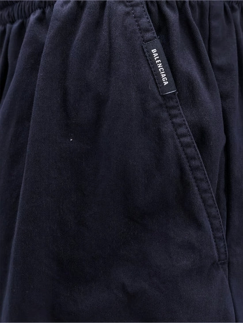 Balenciaga Knee-Length Dark Navy Cotton Shorts With Elastic Waistband