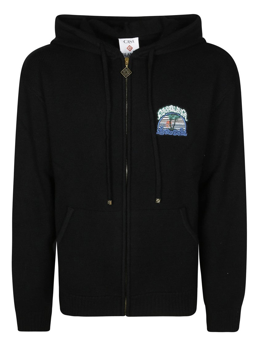 Casablanca Black Wool Zip-Up Hoodie With Embroidered Artwork