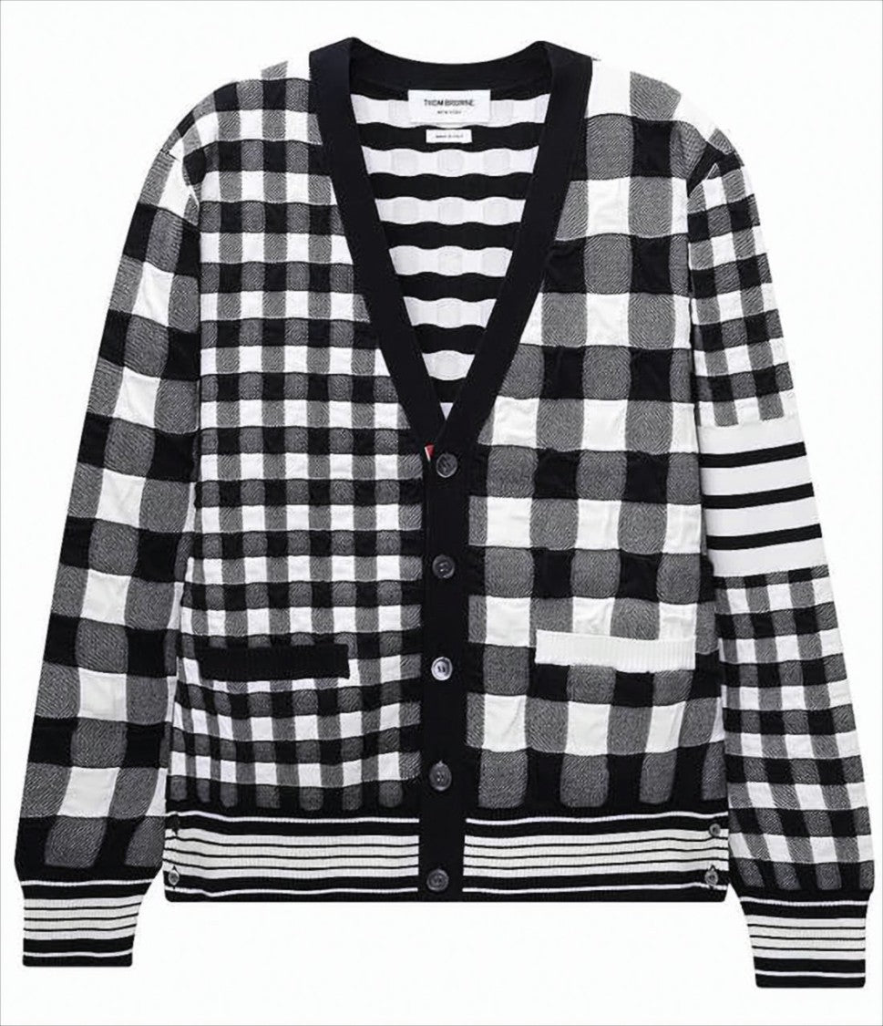 Thom Browne Checkered Knit Cardigan With V-Neckline And Patch Pockets