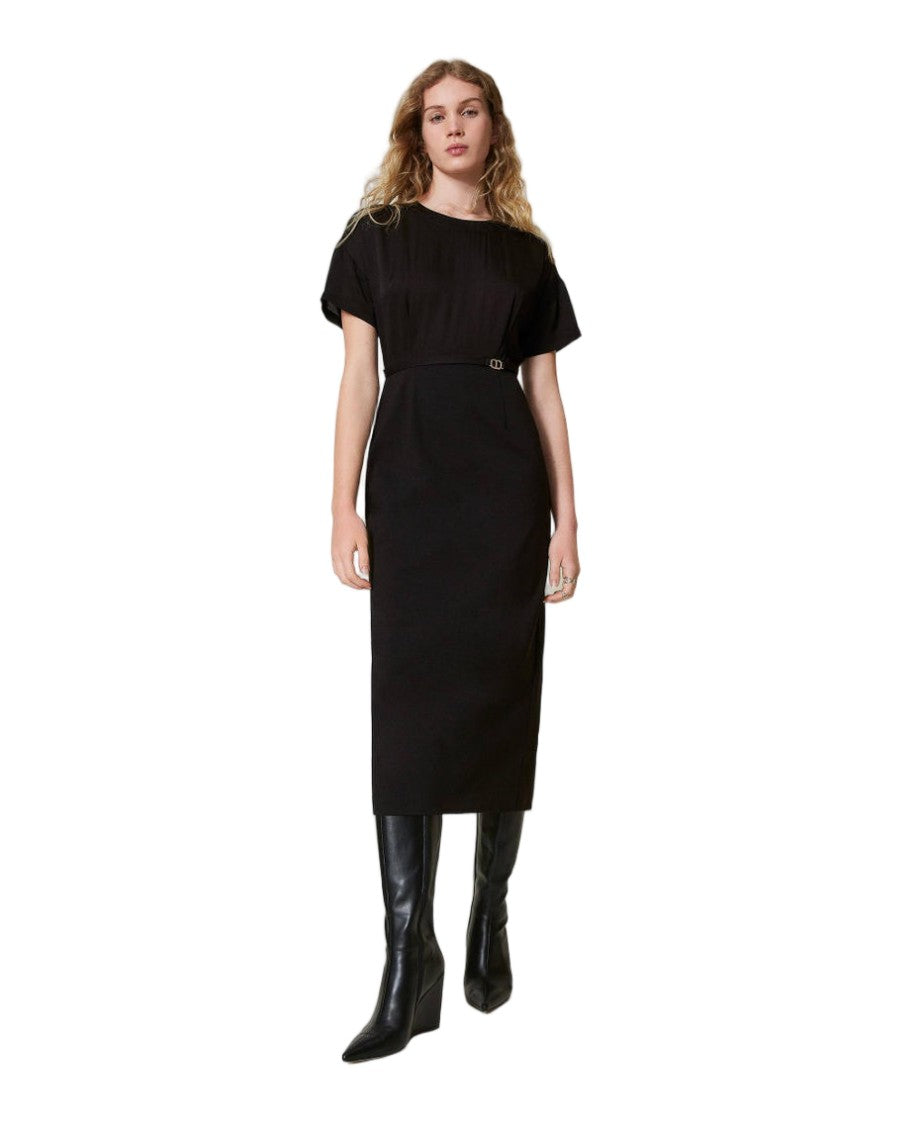 Twin-Set Black Crêpe De Chine Punto Milano Trompe L'oeil Midi Dress