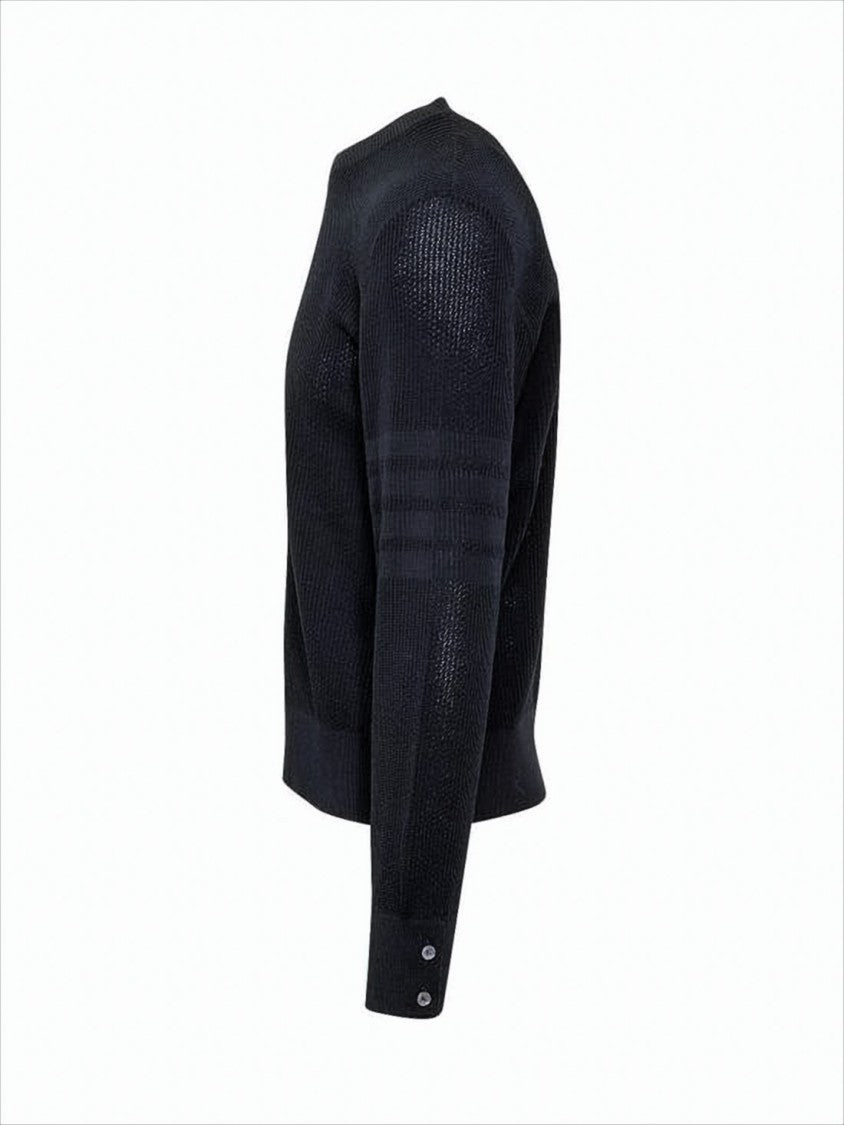 Thom Browne Black Structured Knit Sweater With Buttoned Cuffs