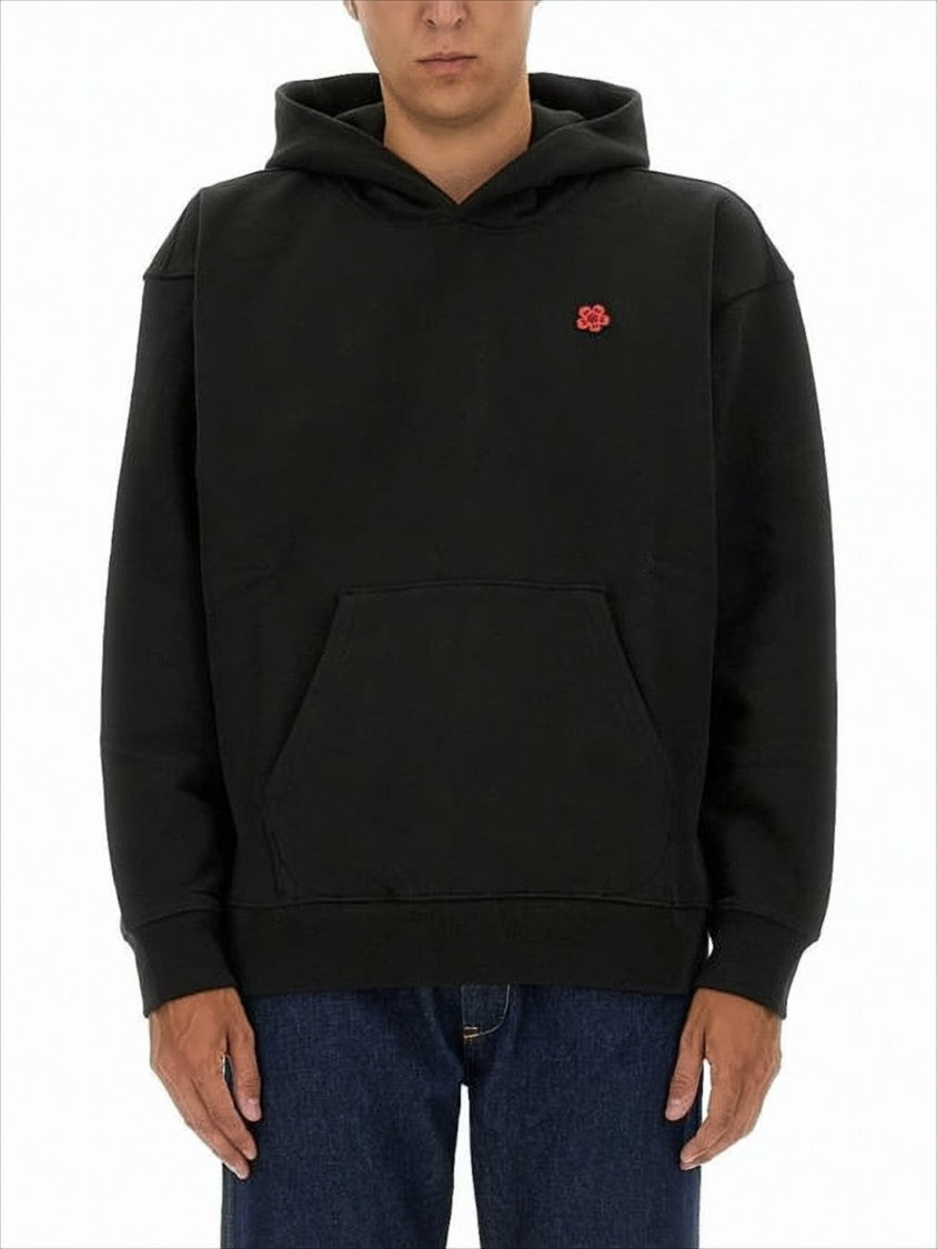 Kenzo Black Hoodie With Kangaroo Pocket And Floral Graphics