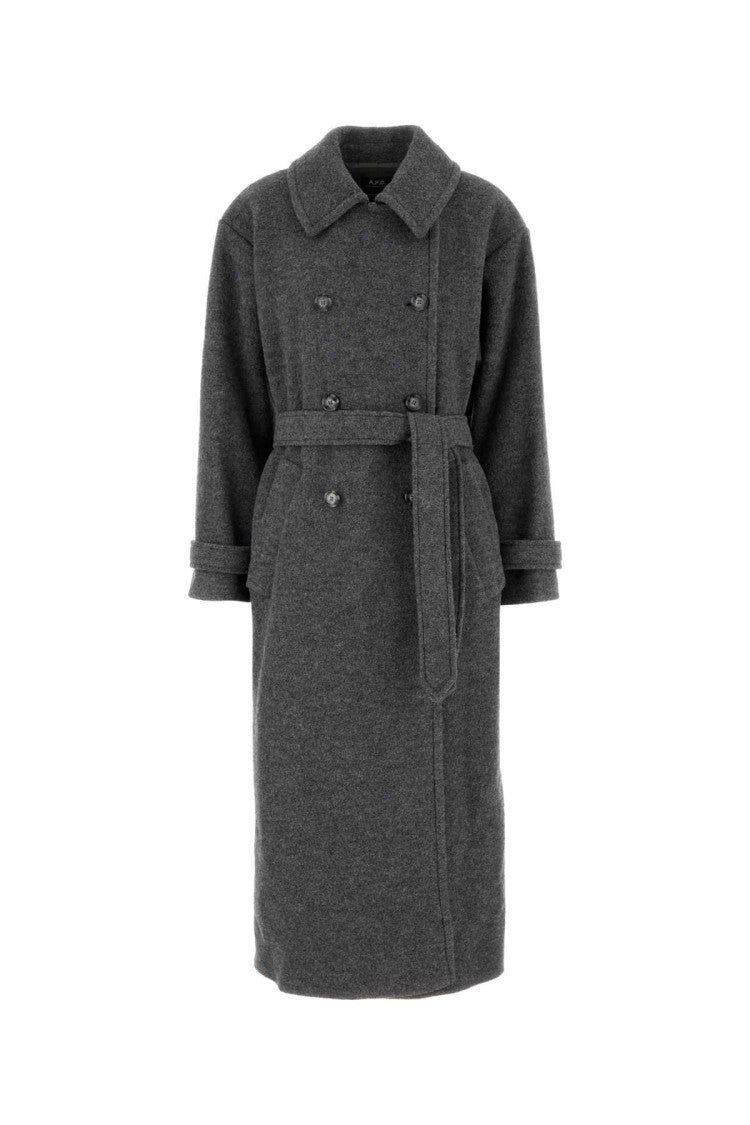 A.P.C. Mid-Length Double-Breasted Grey Wool Coat With Matching Belt