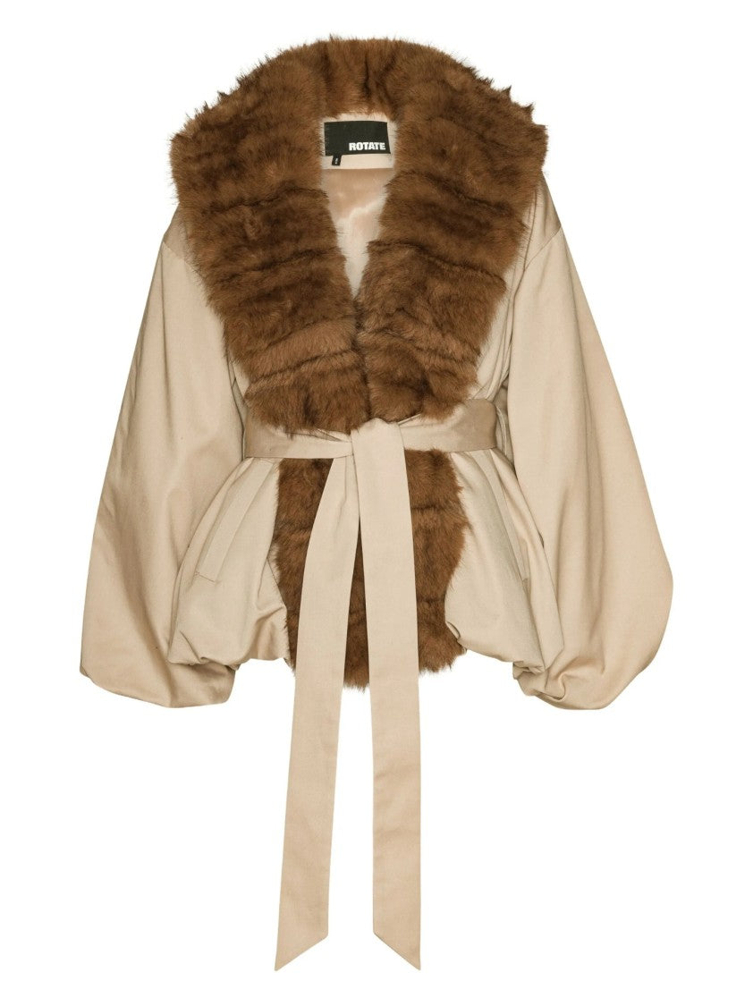 Rotate Voluminous Beige Jacket With Plush Fur Collar