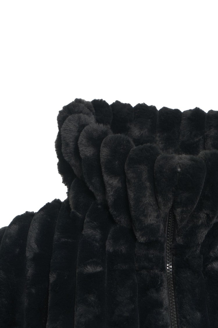Save The Duck Cropped Black Faux Fur Jacket With High Collar And Textured Ribbed Finish