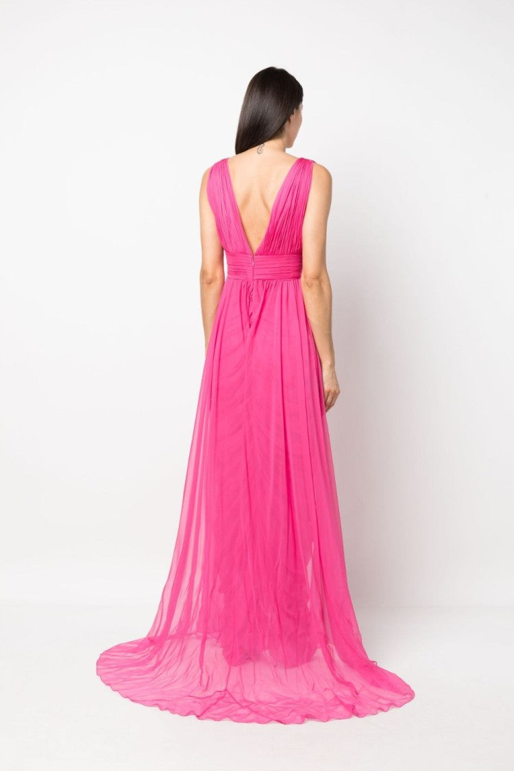 Alberta Ferretti Fuchsia Flowing Silk V-Neck Dress