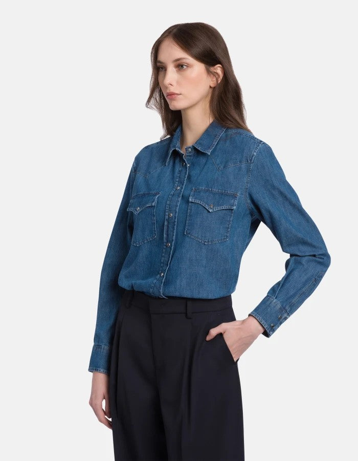 Dondup Medium Blue Wash Denim Shirt With Button-Down Front