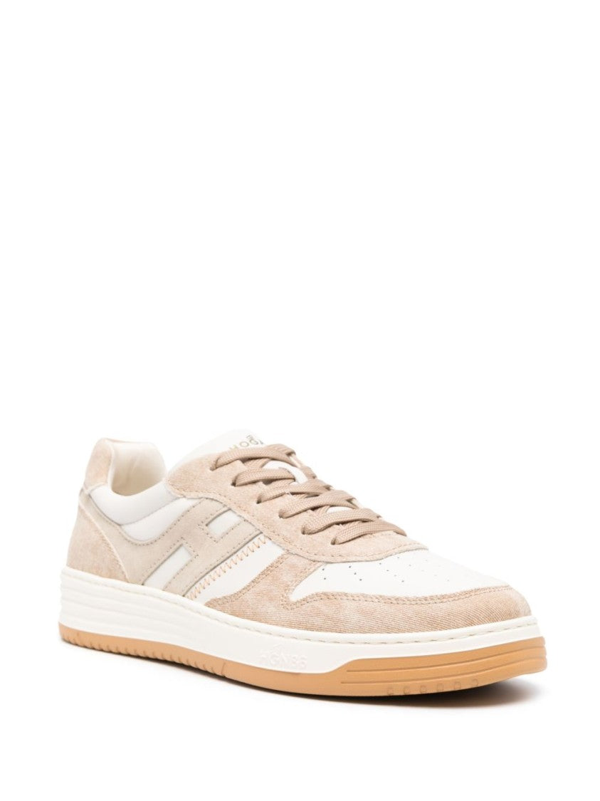 Hogan Panelled Beige And Cream Leather Sneakers With Logo Accents