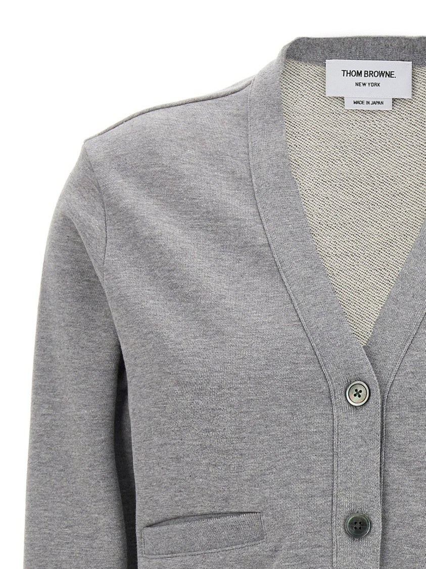 Thom Browne V-Neck Button-Down Grey Cardigan With Signature Stripes