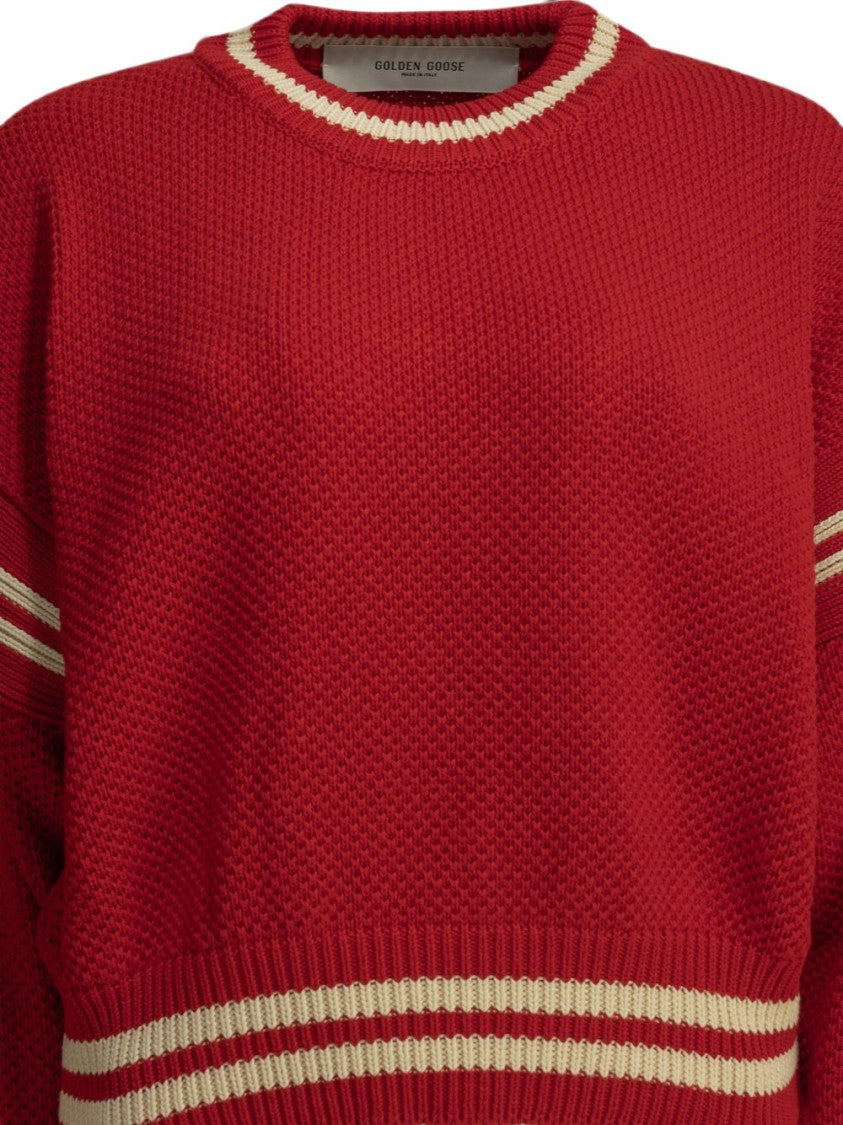 Golden Goose Textured Knit Striped Silk Nylon Cropped Sweater